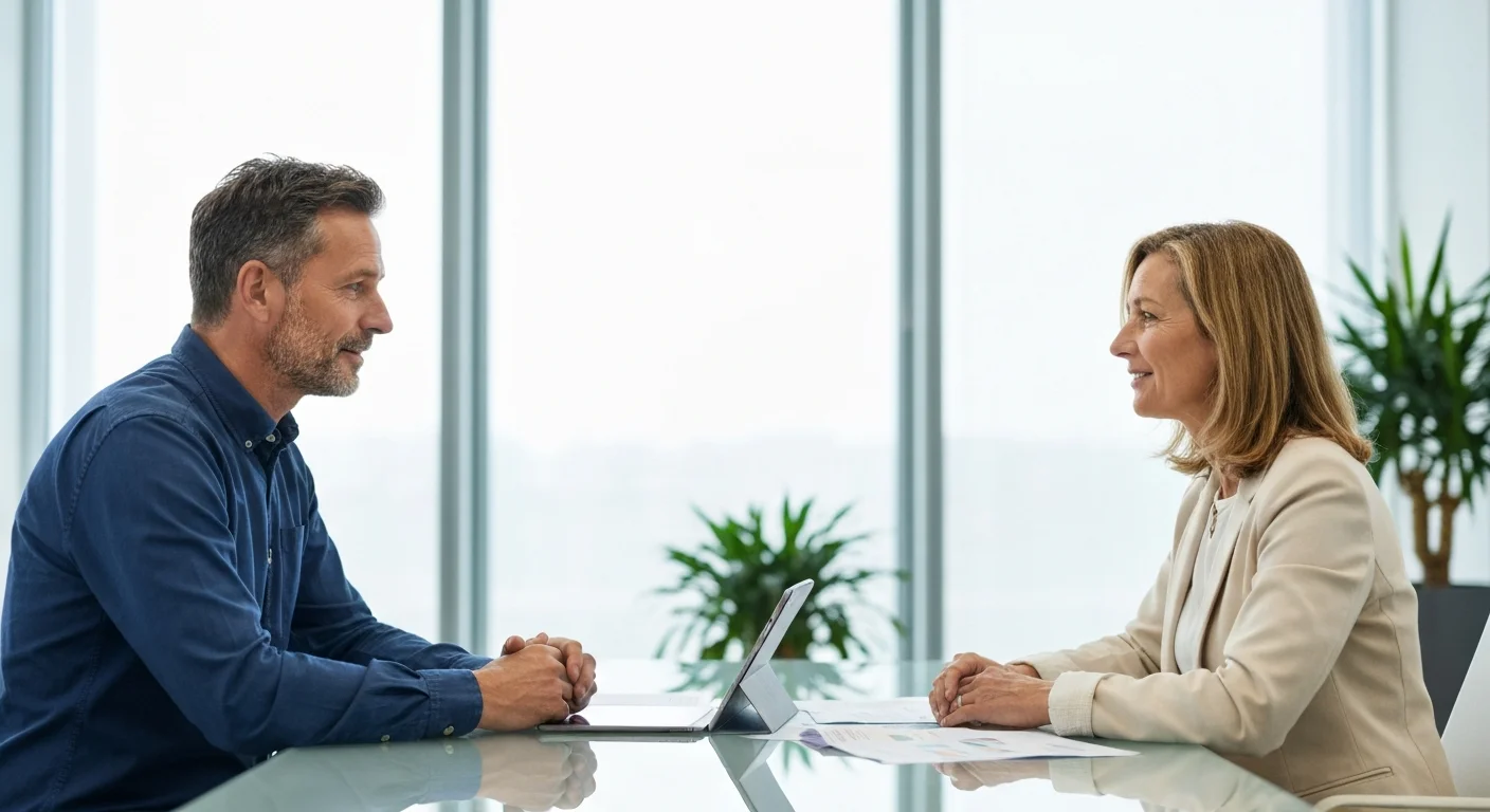 Mitarbeiter im Gespräch mit Geschäftsführerin über eine geförderte Weiterbildung im Büro