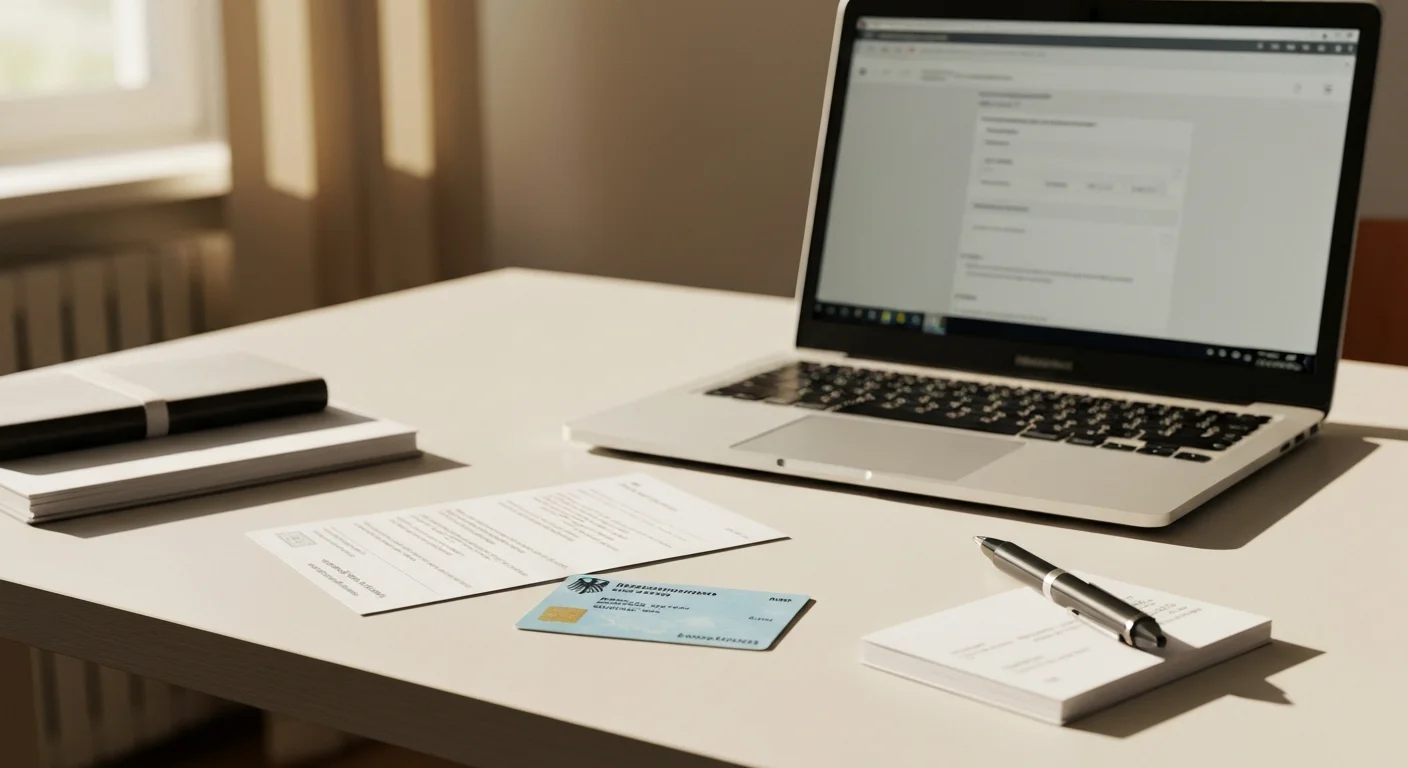 Krankenkassenkarte und Schriftstücke liegen auf einem Holzschreibtisch neben einem Laptop