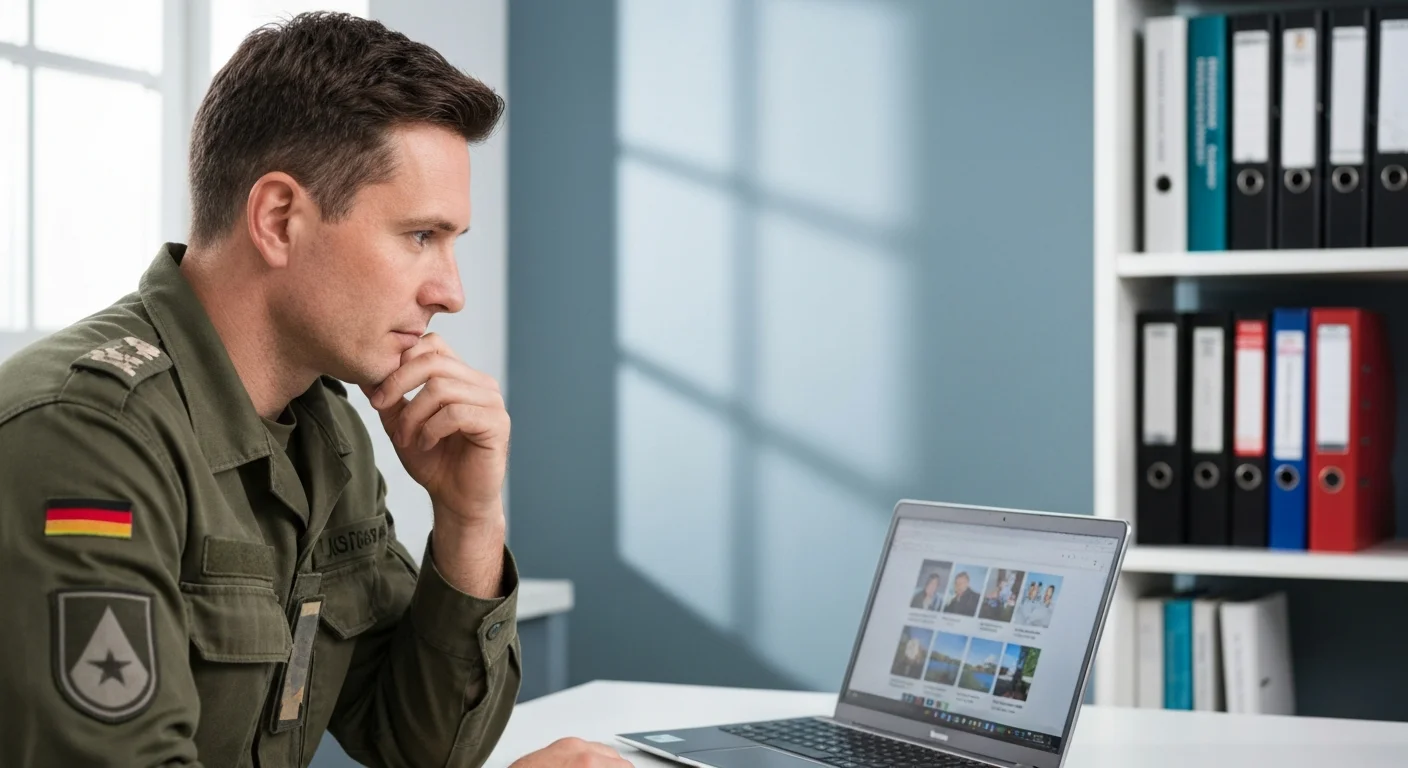 Ausscheidender Zeitsoldat in Uniform betrachtet zivile Berufsoptionen am Laptop in einem Büro des Karrierecenters