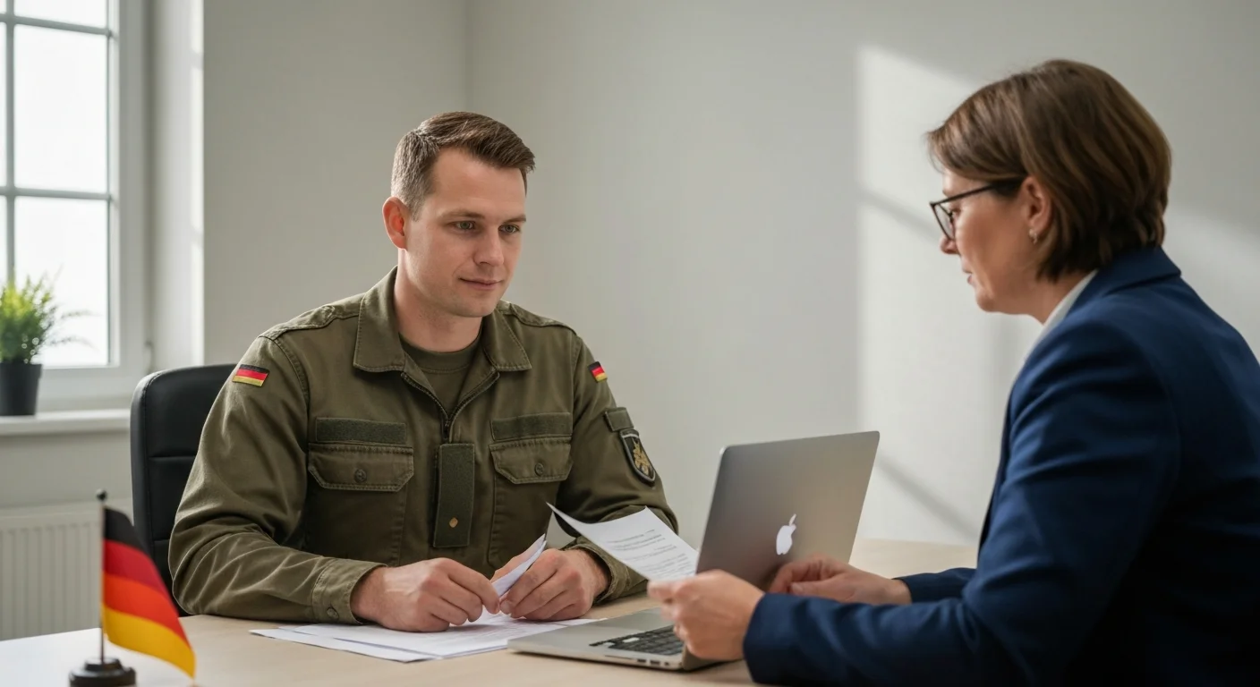 Soldat in Uniform sitzt mit BFD-Berater am Schreibtisch und bespricht zivilberufliche Weiterbildungsoptionen