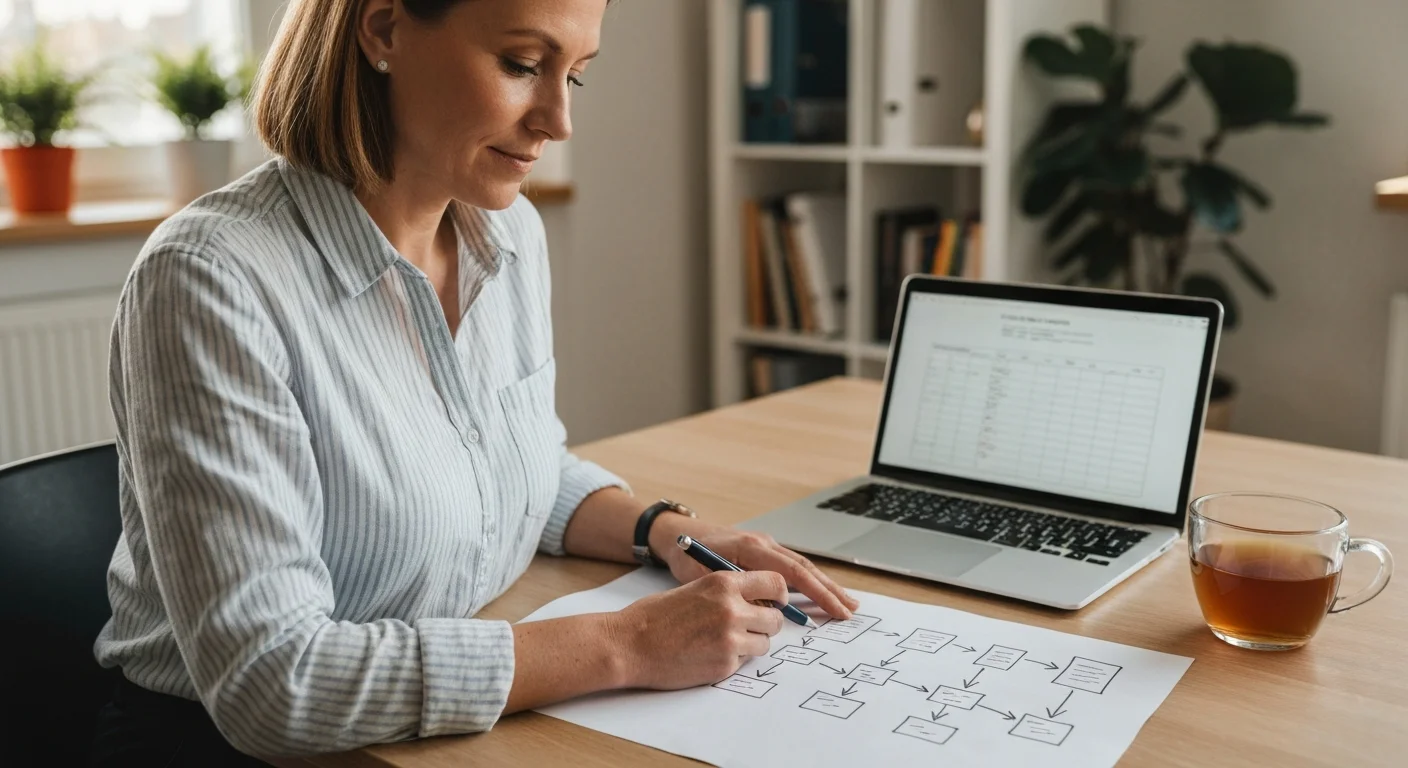 Flowchart-Skizze mit verschiedenen Förderwegen auf einem Schreibtisch