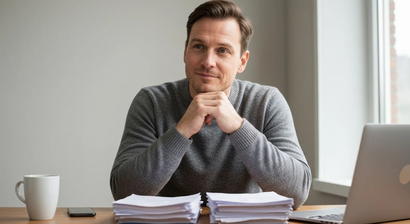 Veteran mit Beratungsdokumenten am Schreibtisch vergleicht Reha- und Bildungsoptionen des BFD