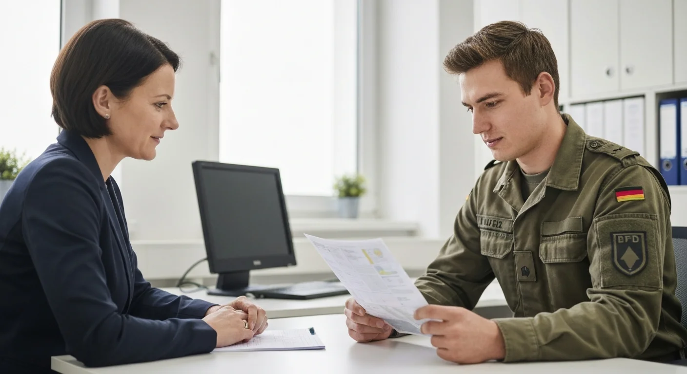 Soldat auf Zeit in Uniform sitzt im Karrierecenter und plant mit BFD-Berater seine zivilberufliche Zukunft