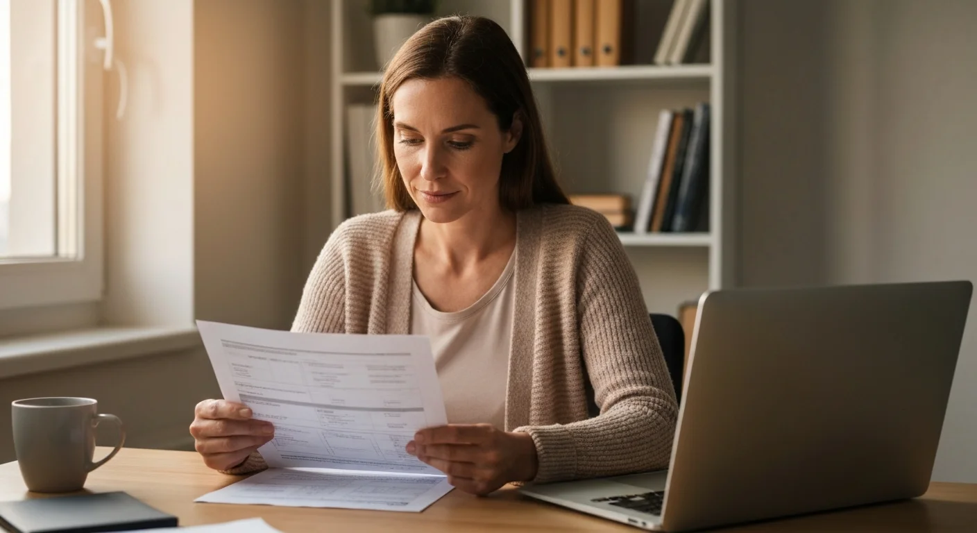 Frau am Schreibtisch prüft Unterlagen zur KI-Weiterbildung mit Bildungsgutschein