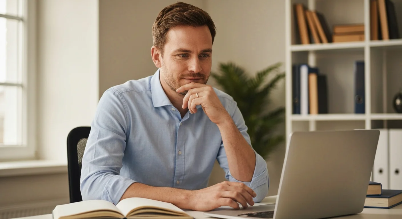 Beschäftigter am Arbeitsplatz recherchiert ESF-Förderung für Weiterbildung