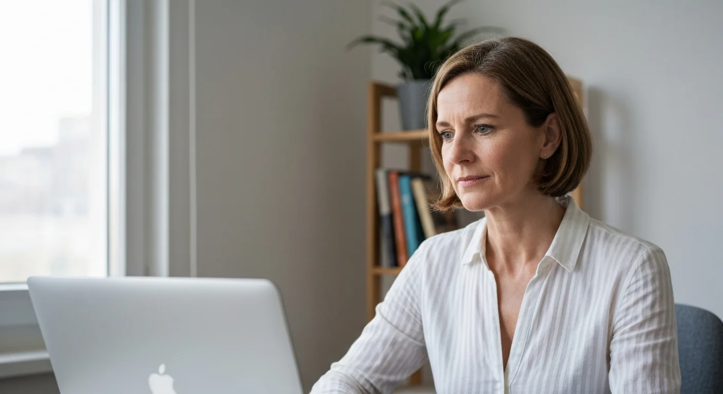Schreibtisch mit Laptop, Notizbuch und Kaffeetasse, Tageslicht durch ein Fenster