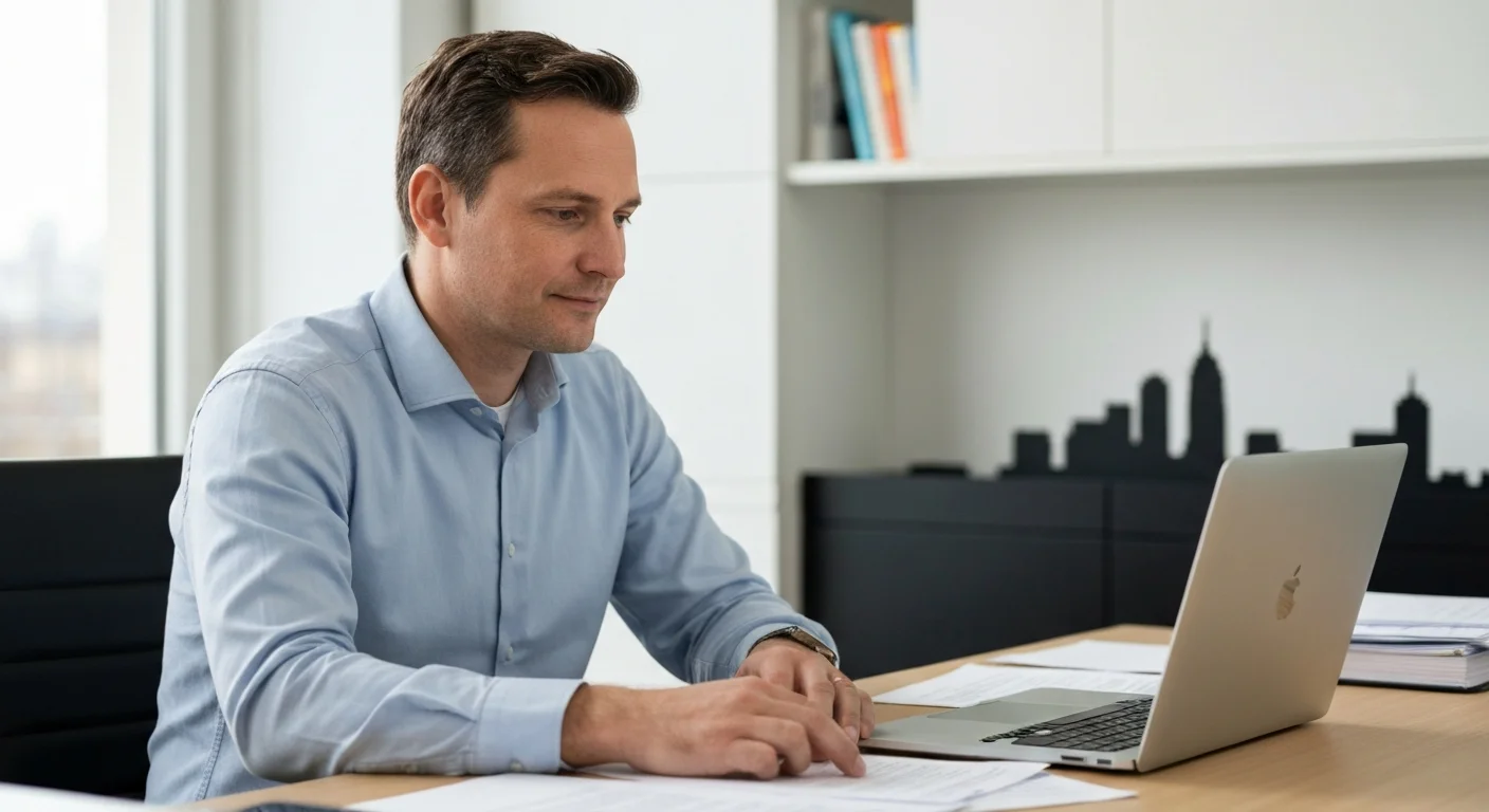 Schreibtisch mit Laptop und Notizblock, im Hintergrund moderne Stadtansicht von Köln