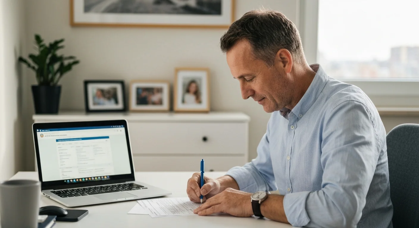 Mann am Schreibtisch füllt Förderantrag aus, Notizblock und Laptop daneben