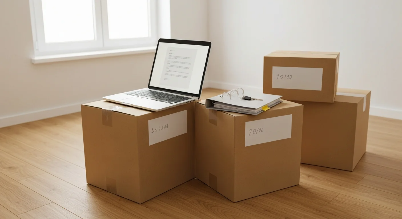 Umzugskartons in einer leeren Wohnung, daneben Aktenordner zur Förderung und ein Laptop auf dem Boden