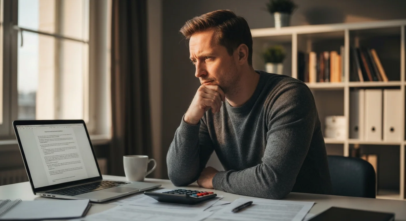 Mann am Schreibtisch mit Taschenrechner und Unterlagen überlegt Finanzierung einer Weiterbildung