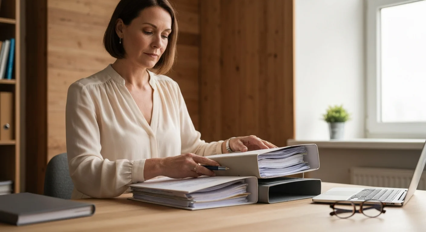 Selbstständige Frau organisiert Antragsunterlagen für KOMPASS-Förderung am Schreibtisch
