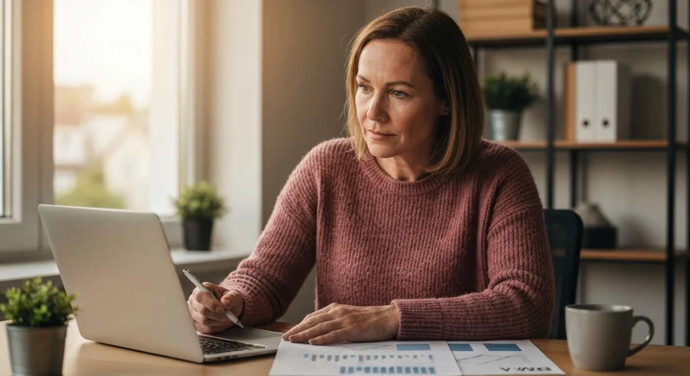 Selbstständige prüft BWA und Umsatzzahlen auf dem Laptop im Home-Office