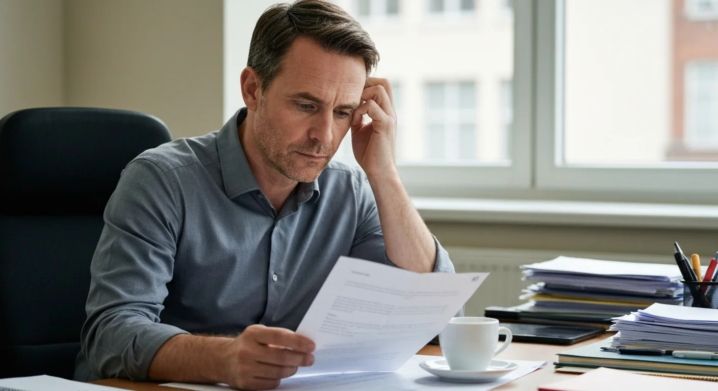 HR-Verantwortlicher liest einen Ablehnungsbescheid am Schreibtisch