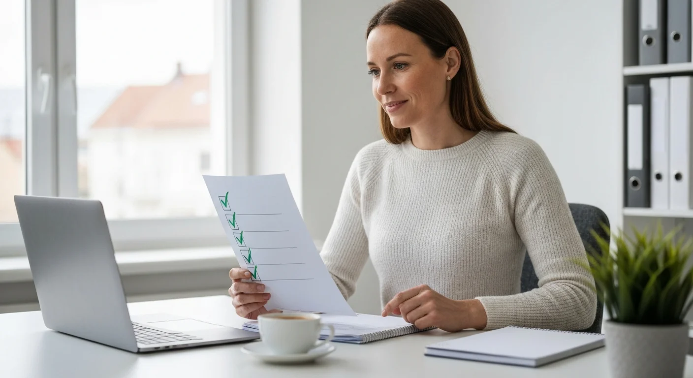 HR-Managerin prüft erfolgreiche QCG-Anträge mit grünen Haken am Laptop