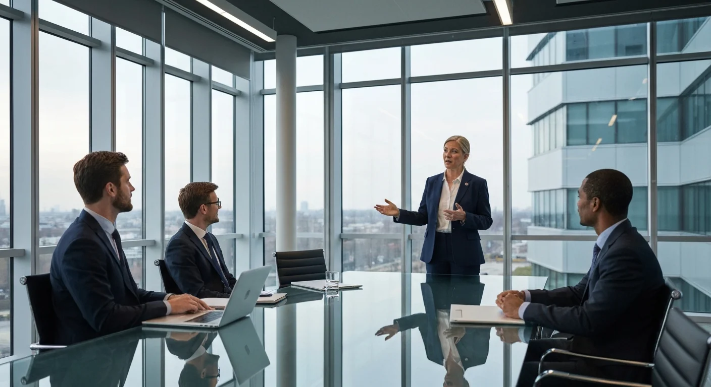 Konferenzraum eines Großunternehmens mit Personalleiterin die eine Präsentation hält