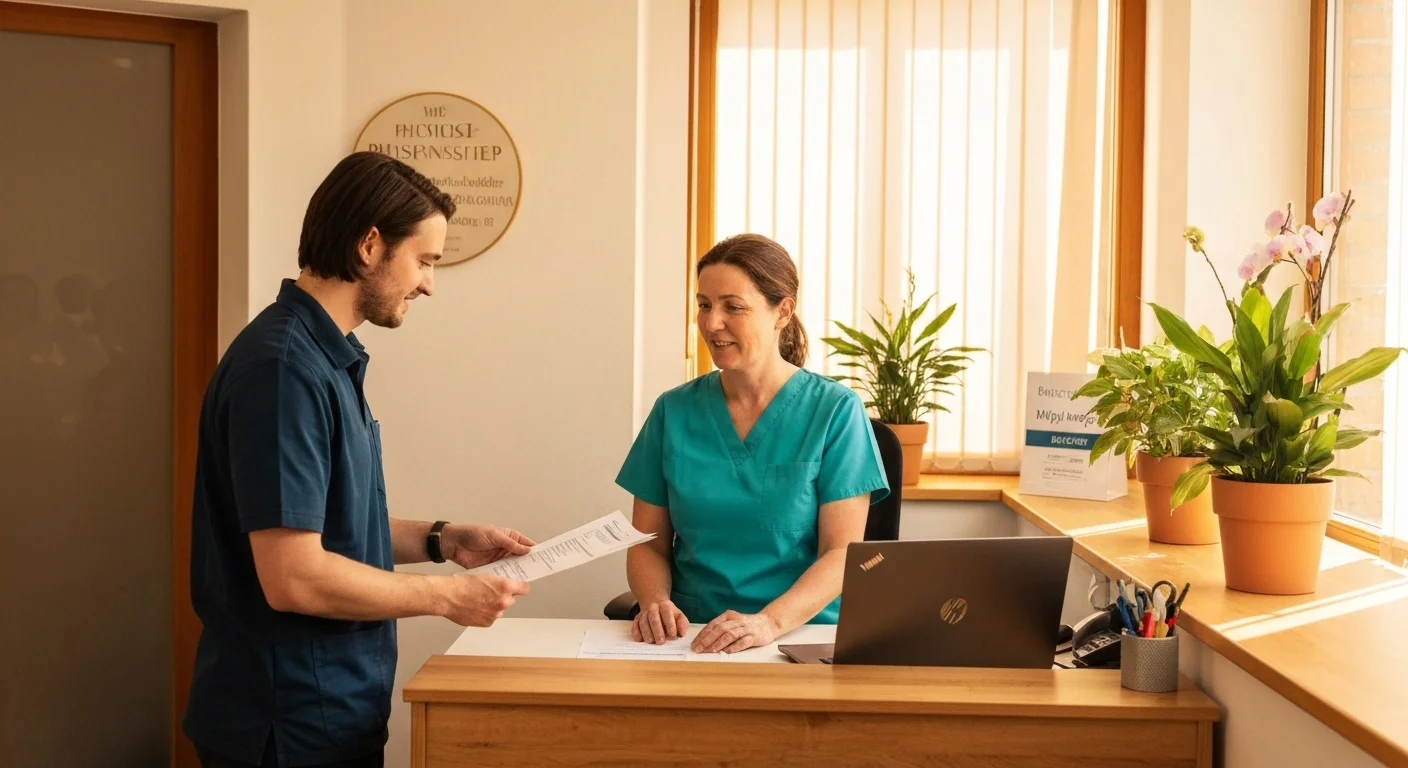 Inhaberin einer kleinen Praxis mit Angestellter bespricht Weiterbildungsförderung am Empfang