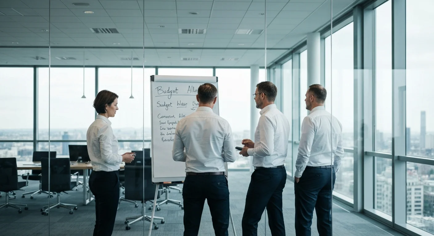 Konzern-Hochhaus mit Blick in einen großen Besprechungsraum bei Diskussion zur Weiterbildungsstrategie