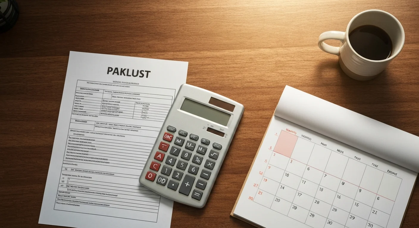 Lohnabrechnung und Taschenrechner auf einem Schreibtisch mit offenem Kalender