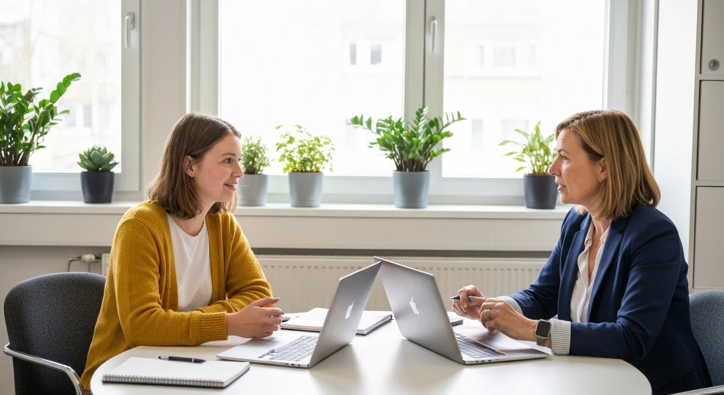 Mitarbeiterin spricht mit HR-Business-Partnerin über eine geförderte KI-Weiterbildung