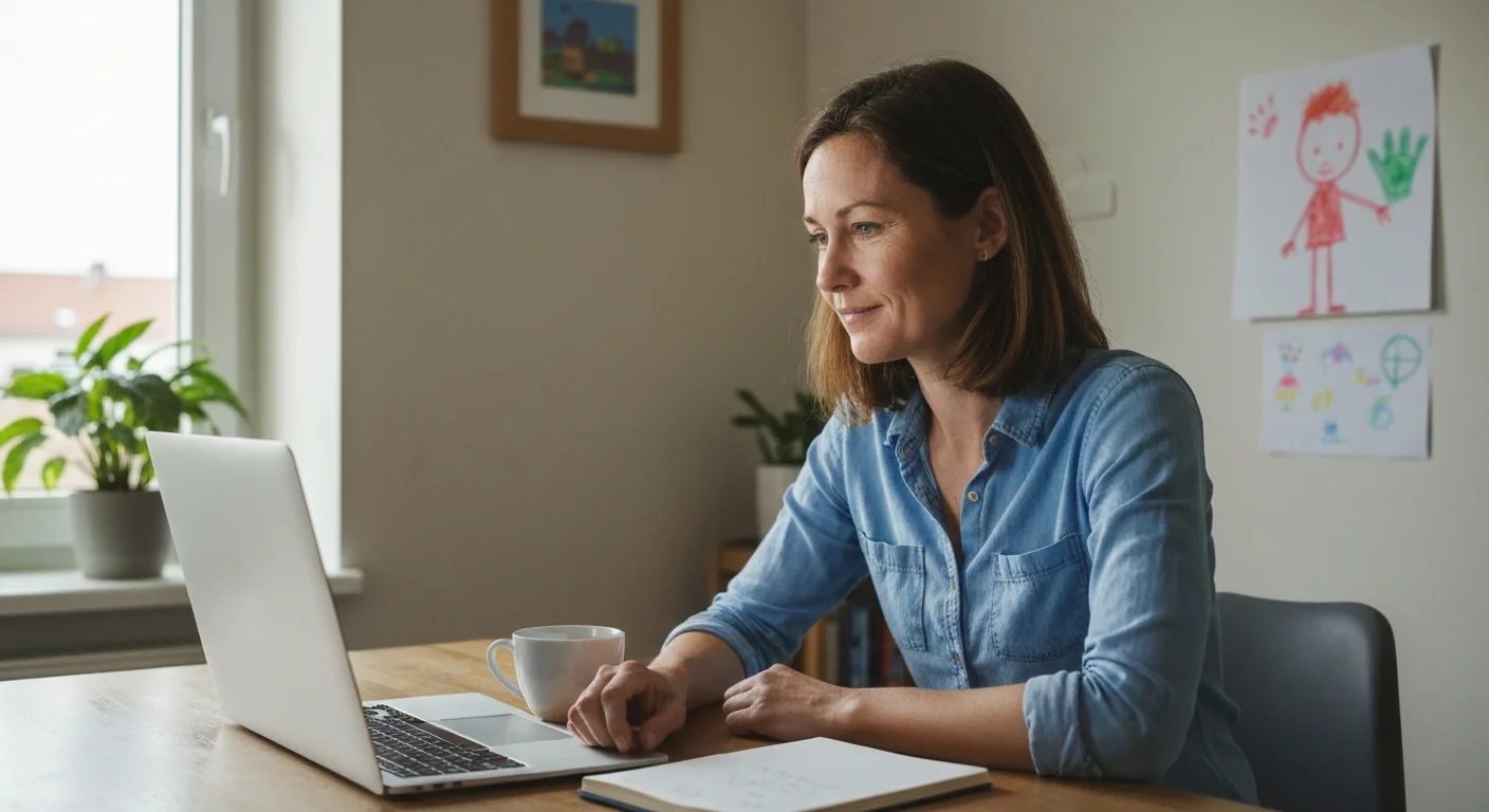 Teilzeitbeschäftigte Mutter mit Laptop prüft Weiterbildungsoptionen am Küchentisch
