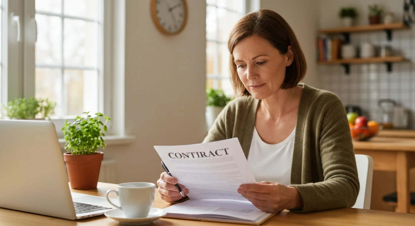 Frau am Küchentisch liest einen Vertrag zur Ratenzahlung einer Weiterbildung