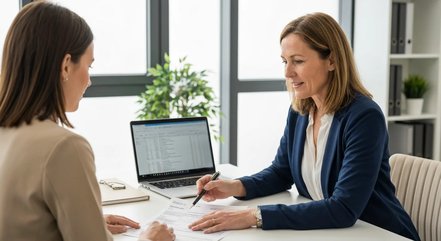 Steuerberaterin erklärt Klientin die Absetzbarkeit von Weiterbildungskosten anhand einer Rechnung