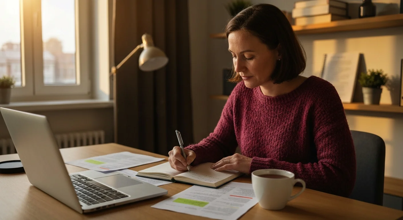 Frau am Schreibtisch recherchiert Stiftungen für Weiterbildung am Laptop mit Notizbuch